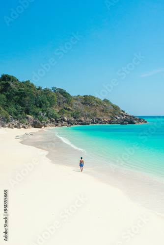 Traveler man relaxing on vacation beach joy nature view scenic landscape. summer background and summer holiday concept.