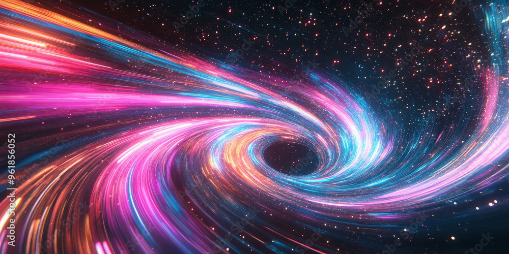 A colorful explosion of light trails in neon pinks, purples, and blues spiraling around a central point on a dark starry background. A colorful explosion of light trails in neon pinks, purples, and blues spiraling around a central point on a dark starry background.