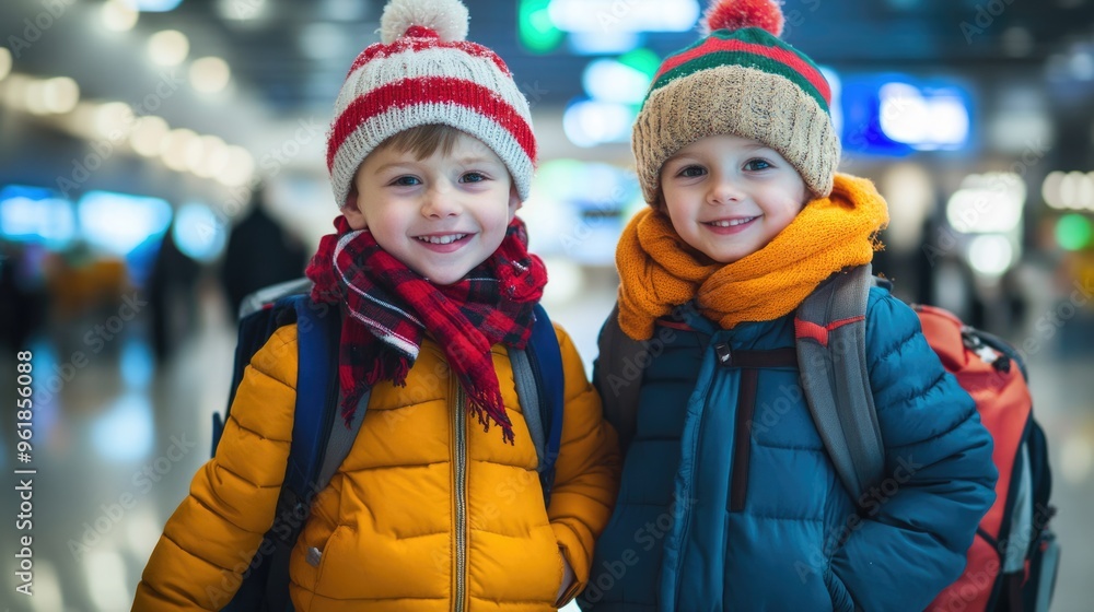 Christmas Travel Kids. Two Little Boys Bonding at Airport During Winter Holiday Christmas Travel Kids. Two Little Boys Bonding at Airport During Winter Holiday