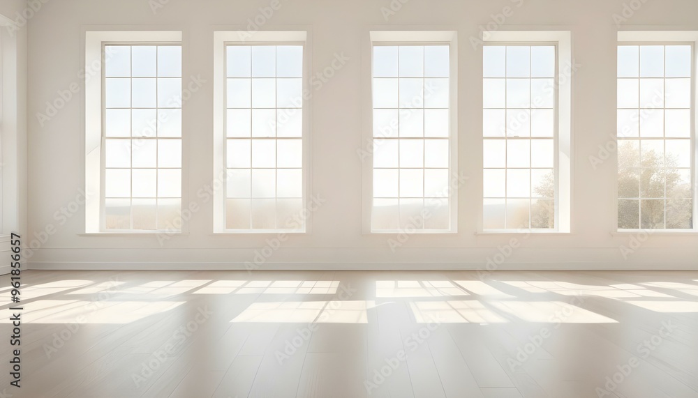 Fototapeta premium A bright and airy room with large windows, hardwood floors, and minimal decor. The room has a clean, modern aesthetic with a neutral color palette.