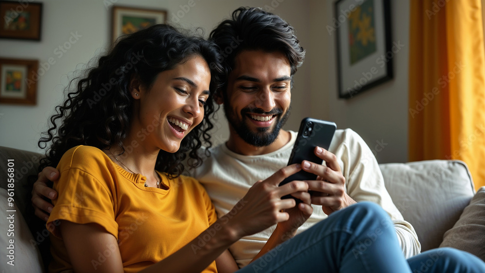 indian couple smiling and looking at phone sitting on sofa at home indian couple smiling and looking at phone sitting on sofa at home