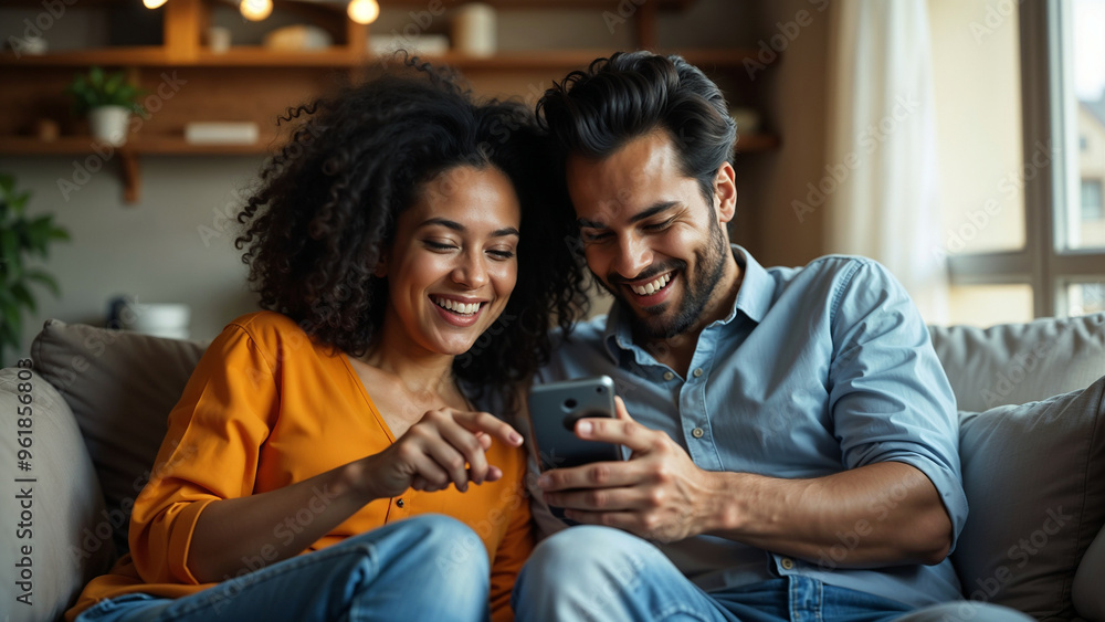 indian couple smiling and looking at phone sitting on sofa at home indian couple smiling and looking at phone sitting on sofa at home