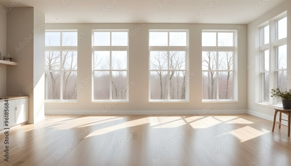 Fototapeta premium A bright and airy room with large windows, hardwood floors, and minimal decor. The room has a clean, modern aesthetic with a neutral color palette.
