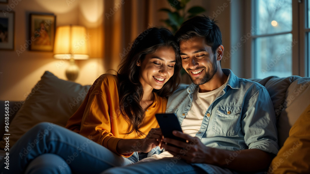 indian couple smiling and looking at phone sitting on sofa at home