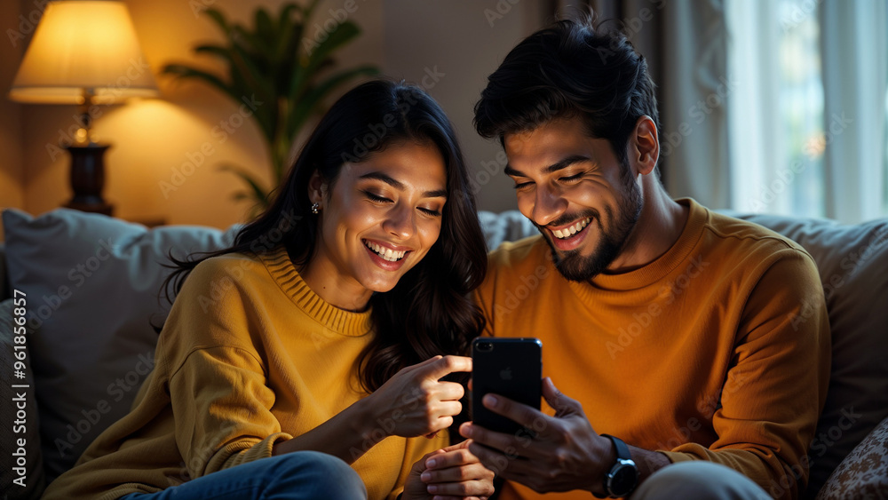indian couple smiling and looking at phone sitting on sofa at home indian couple smiling and looking at phone sitting on sofa at home
