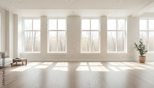 A bright and airy room with large windows, hardwood floors, and minimal decor. The room has a clean, modern aesthetic with a neutral color palette.