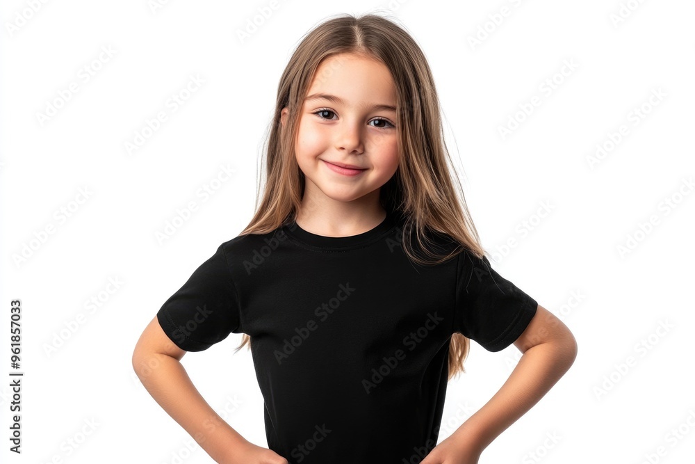 Kids Girl T-Shirt Black. Adorable Young Caucasian Girl Presenting Fashionable T-Shirt Mockup Design in Studio Setting Kids Girl T-Shirt Black. Adorable Young Caucasian Girl Presenting Fashionable T-Shirt Mockup Design in Studio Setting