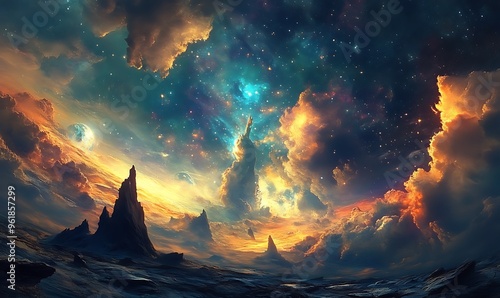 A Fantasy Landscape with Mountains and a Starry Sky