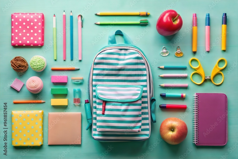 Colorful school supplies and backpack layout on turquoise background Colorful school supplies and backpack layout on turquoise background