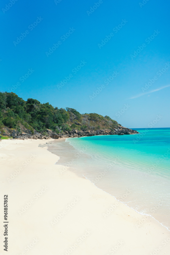 Tropical paradise beach with white sand and turquoise clear water. summer background and summer holiday concept. Tropical paradise beach with white sand and turquoise clear water. summer background and summer holiday concept.