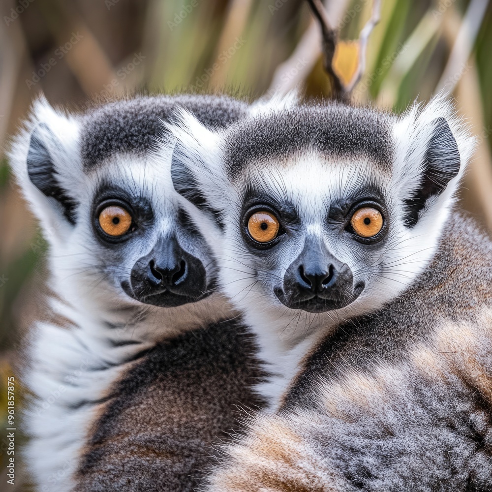 Obraz premium Zoo Animal Behavior. Lemur Catta Portrait: Front View of Mammal in Captivity at Holland Park