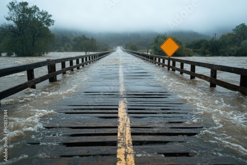 This image captures a flooded bridge in a rural setting, with water spilling over the planks and a submerged road sign, highlighting the impact of severe weather on rural infrastructure. photo