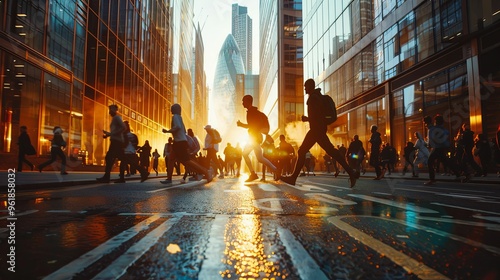 Silhouettes of People Running Through a City Street at Sunset