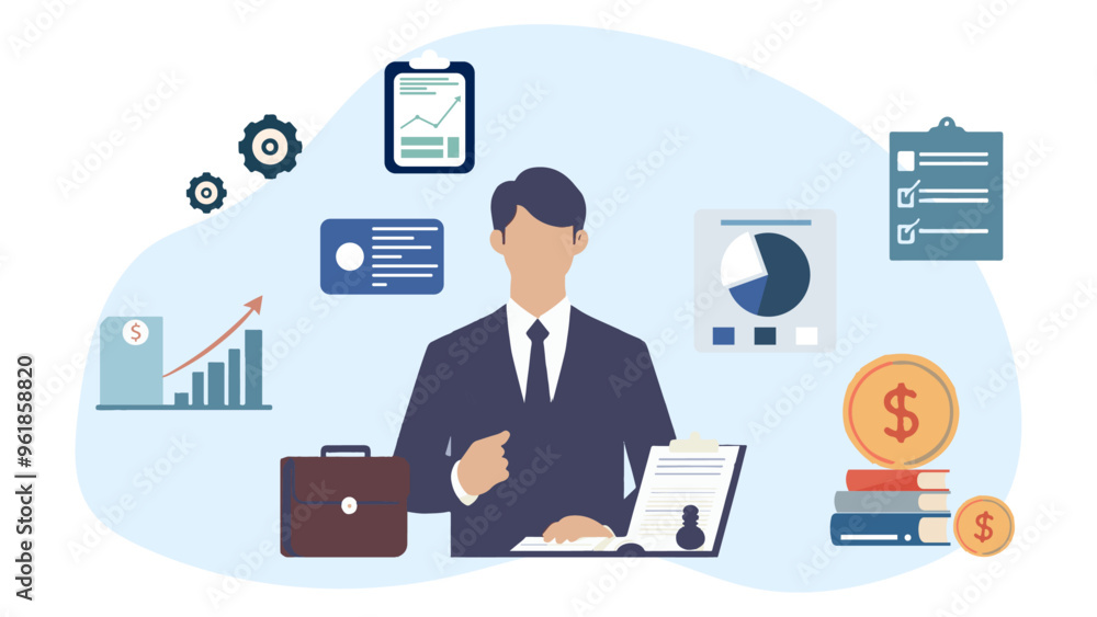 business professional surrounded by analytics, financial graphs, and documents, representing a data-driven approach to decision-making business professional surrounded by analytics, financial graphs, and documents, representing a data-driven approach to decision-making