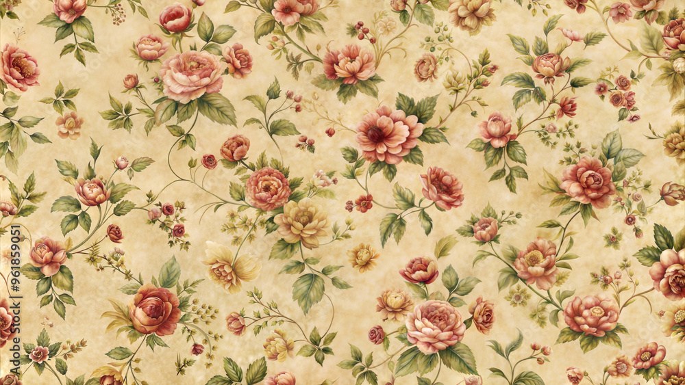 Fototapeta premium Elegant vintage floral pattern with roses and blossoms on a soft beige background for stylish decor
