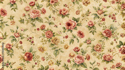 Elegant vintage floral pattern with roses and blossoms on a soft beige background for stylish decor