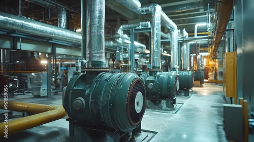 Chilled Water System
An industrial cooling system with large chillers, pumps, and insulated pipes that distribute chilled water throughout the plant. The control panel is visible in the background. photo