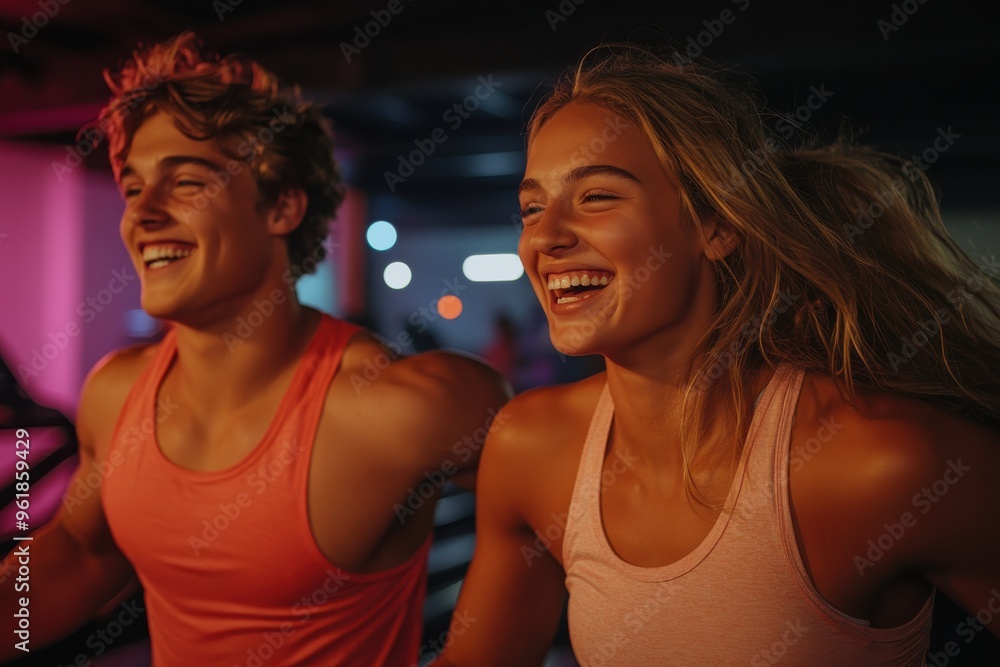 Two young friends, dressed in athletic wear, laugh together during their workout session at a vibrant fitness center, radiating energy and a strong sense of friendship. Two young friends, dressed in athletic wear, laugh together during their workout session at a vibrant fitness center, radiating energy and a strong sense of friendship.