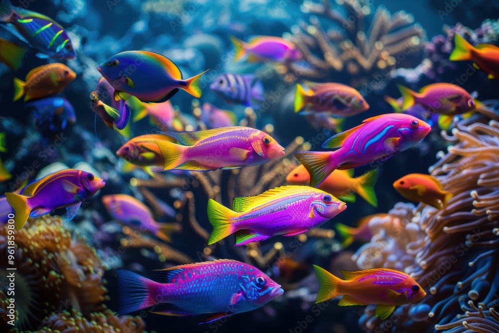 Naklejka premium tropical fish swimming among vibrant corals, with a scuba diver observing the underwater beauty. Ideal for marine conservation campaigns and educational exhibits.