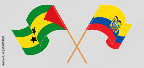 Crossed and waving flags of Sao Tome and Principe and Republic of Ecuador. Vector illustration