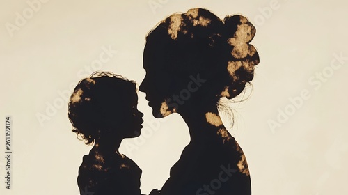 Silhouettes of a woman and child highlight emotional depth in minimalist paper collage design photo