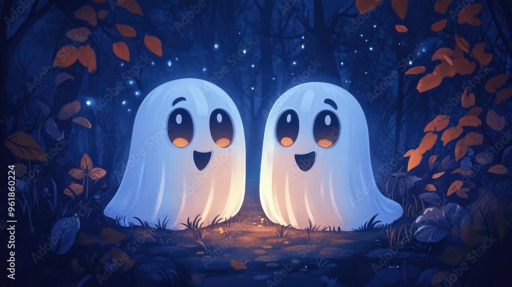 Two white ghosts are smiling and standing in a forest Two white ghosts are smiling and standing in a forest
