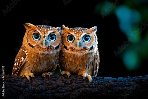 African animals, owls hooting, calling to each other from tree to tree, their eyes glowing in the moonlight photo