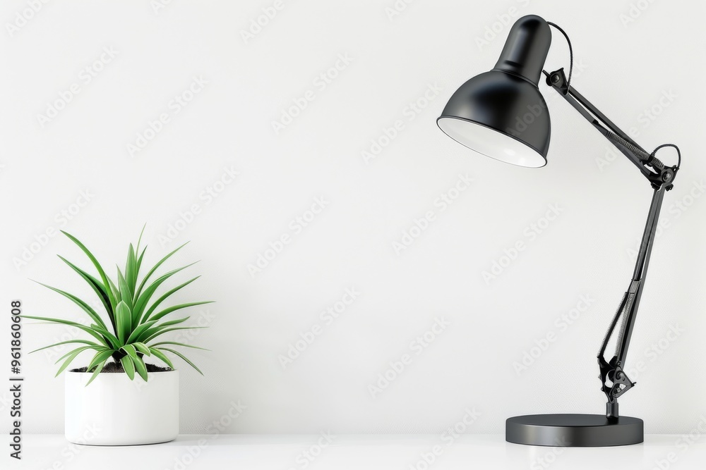 Black table lamp and potted plant on a minimalist white tabletop Black table lamp and potted plant on a minimalist white tabletop