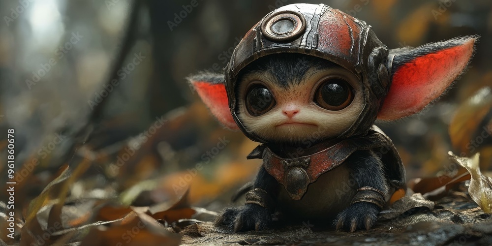 Furry creature in helmet sitting on leaves. Furry creature in helmet sitting on leaves.