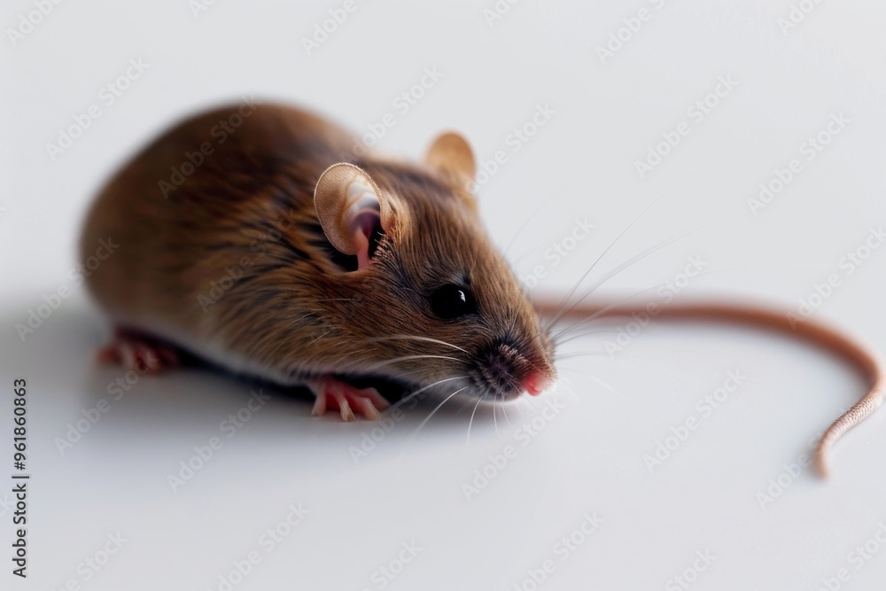 A small brown mouse explores a smooth white surface A small brown mouse explores a smooth white surface