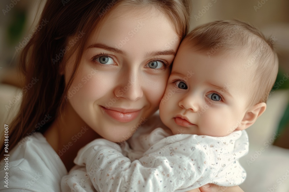 Healthy Vision Month. Loving Mother Holds Newborn Baby in Bright and Happy Family Portrait Healthy Vision Month. Loving Mother Holds Newborn Baby in Bright and Happy Family Portrait
