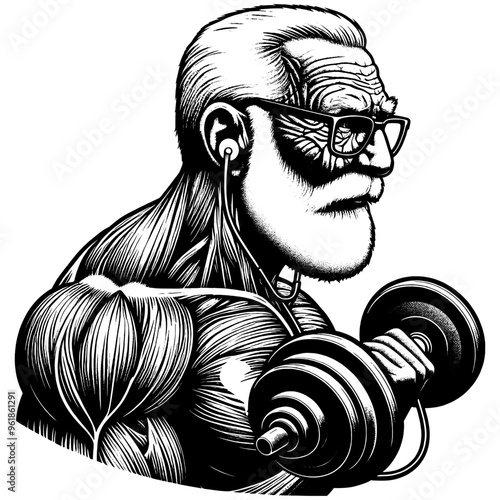 Muscular Elderly Man Lifting Dumbbells in Detailed Black and White Illustration. Generative ai.