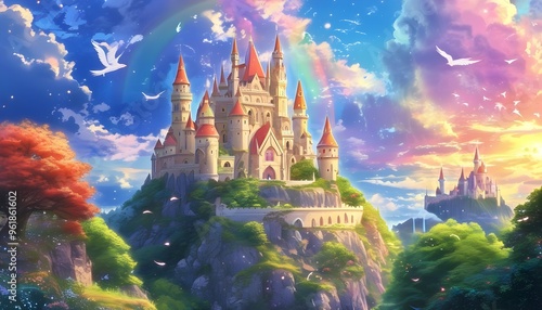 Enchanting Princess Castle Amidst a Dreamy Landscape with Rainbow and Soaring Birds in an Anime-Inspired World