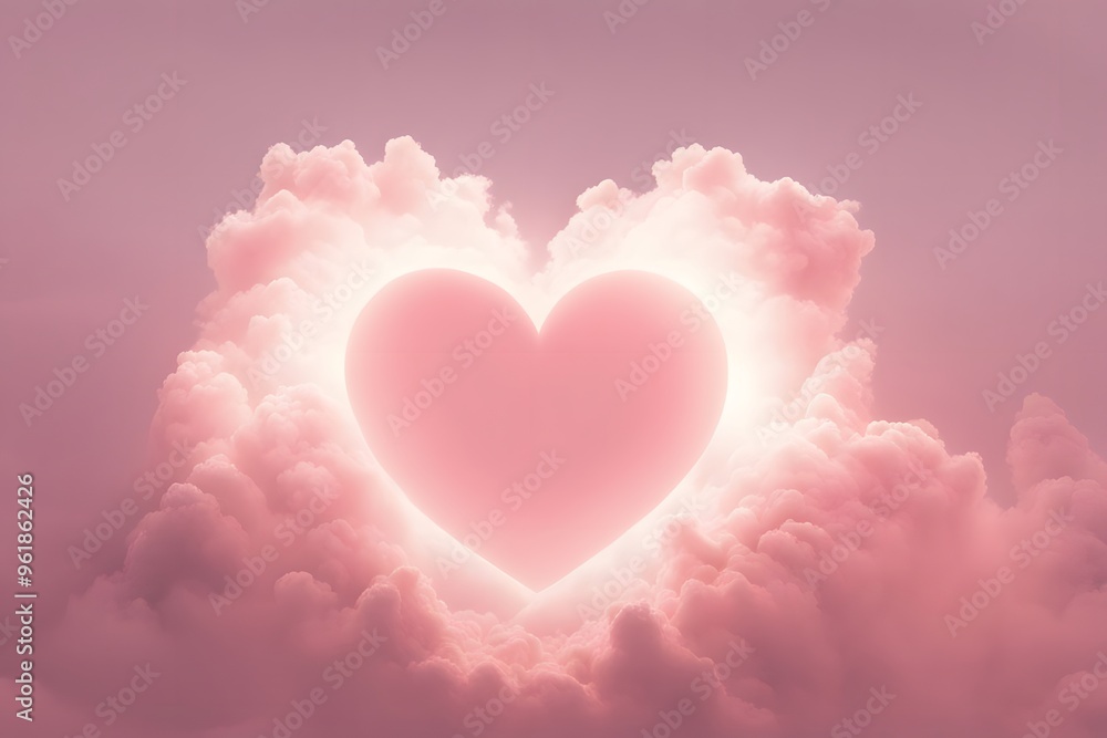 A soft pink sky with white clouds forming heart shapes and a glowing sun in the shape of a heart, AI Generated A soft pink sky with white clouds forming heart shapes and a glowing sun in the shape of a heart, AI Generated