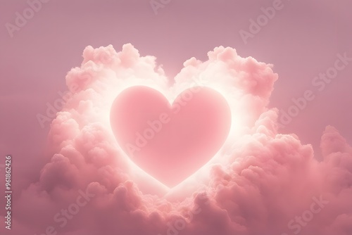 A soft pink sky with white clouds forming heart shapes and a glowing sun in the shape of a heart, AI Generated