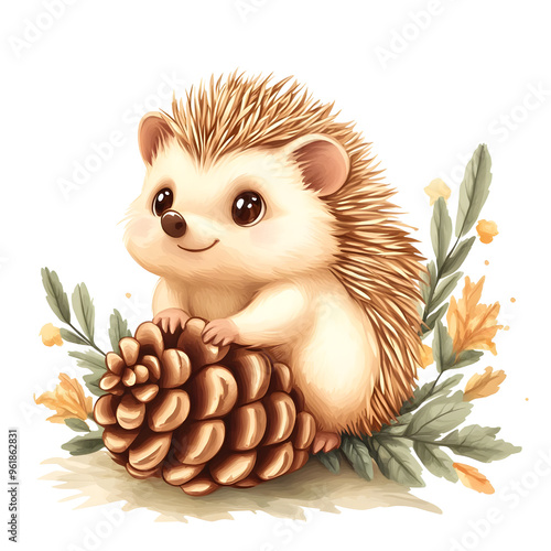 A super cut chubby Hedgehog sitting on a big pine cone clipart, Autumn season, watercolor clipart, isolated on white background. photo