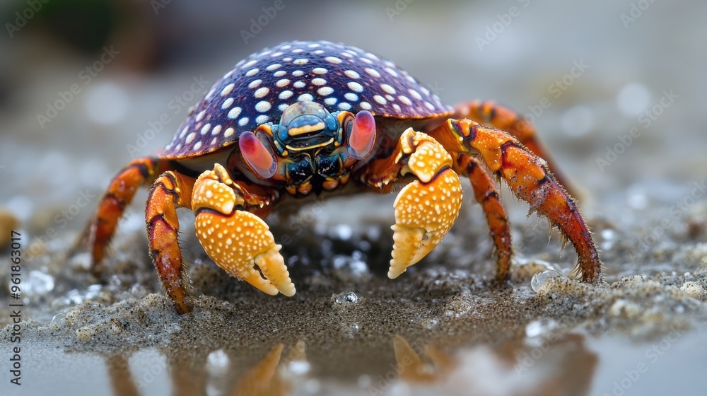 Colorful Spotted Crab Shell Closeup on Beach Sand Colorful Spotted Crab Shell Closeup on Beach Sand