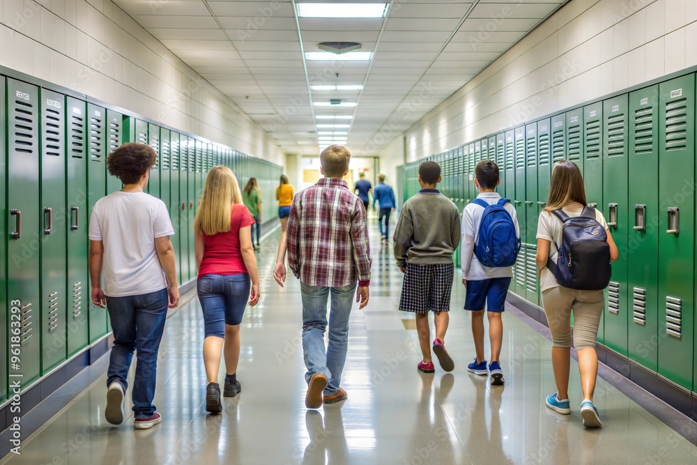 Students walking in school corridor with green lockers in background Students walking in school corridor with green lockers in background