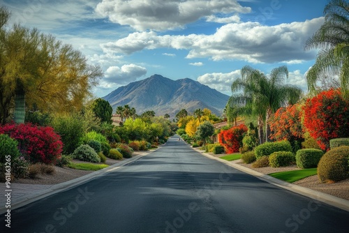 Paradise Valley AZ. Scenic View of Camelback Mountain from a Picturesque Street in Affluent Neighborhood photo