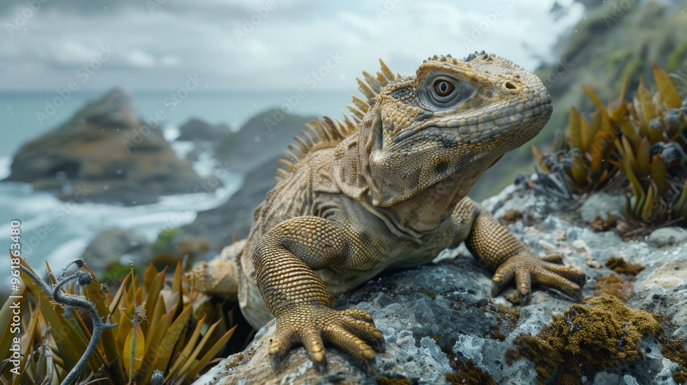 Fototapeta premium Galapagos Lava Lizard on Rocks with Ocean Background