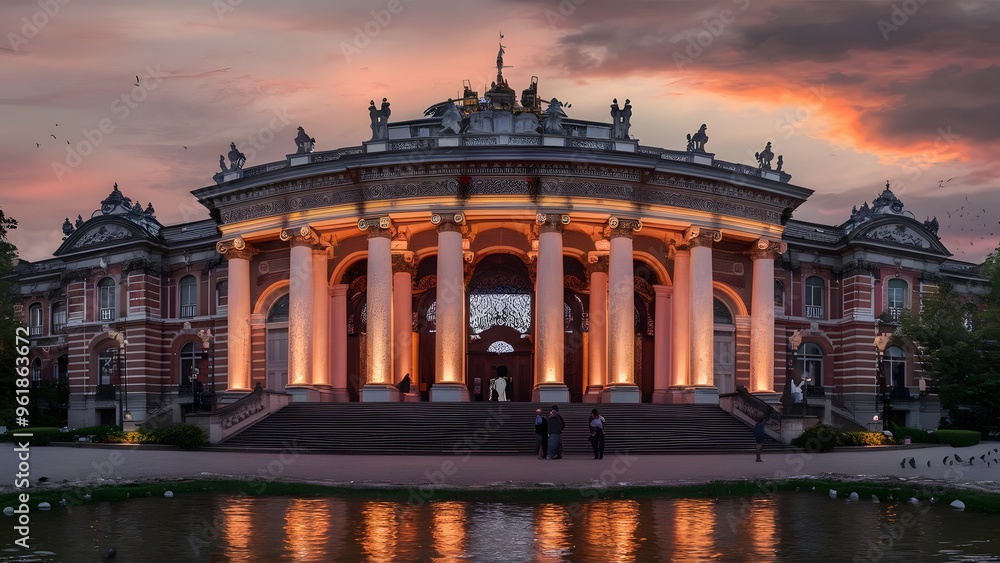 Naklejka premium The Palace of Culture at Sunset, generative AI