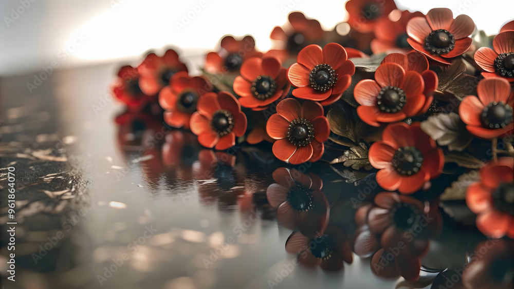 3D Glossy Poppy Flowers on Reflective Memorial Surface for Veterans Day Remembrance - Close-Up Iconic Tribute Scene 3D Glossy Poppy Flowers on Reflective Memorial Surface for Veterans Day Remembrance - Close-Up Iconic Tribute Scene