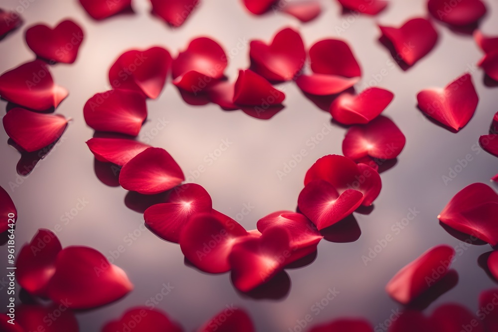 Floating red rose petals forming a heart in the center with a subtle bokeh effect in the background, AI Generated Floating red rose petals forming a heart in the center with a subtle bokeh effect in the background, AI Generated