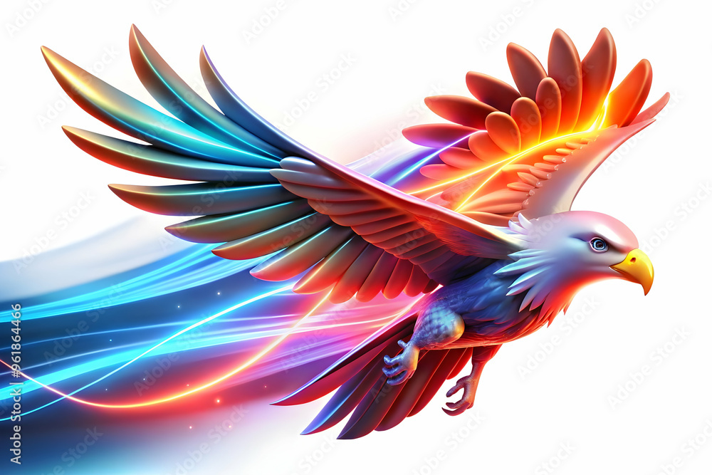 Obraz premium 3D Glowing Abstract Eagle Soaring with Vibrant Light Trails - Dynamic Digital Art Symbolizing Freedom and Courage on Hari Pahlawan