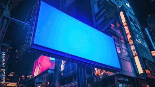 Big blue screen billboard on cyberpunk neon night city street mockup material background wallpaper AI generated image photo