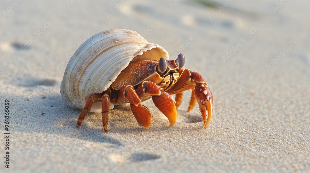 Close up of Hermit Crab Crawling on Sandy Beach Near Ocean Waves Close up of Hermit Crab Crawling on Sandy Beach Near Ocean Waves
