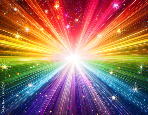  Rainbow sunburst background with glittering stars, symbolizing vibrant energy. _1(778)