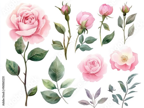 Fototapeta Naklejka Na Ścianę i Meble -  Watercolor Flowers Blush. Pink Roses and Peonies with Separate Floral Elements