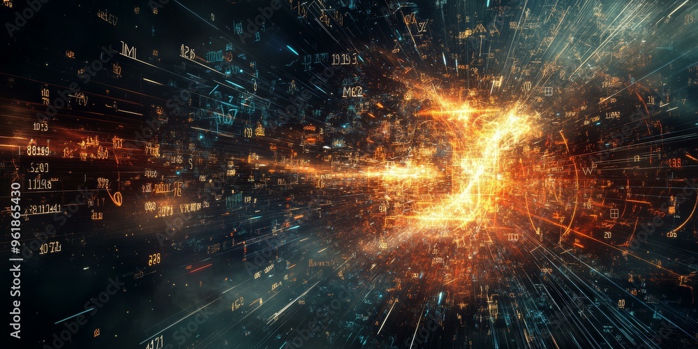 Bright lines and numbers in an abstract digital space. Bright lines and numbers in an abstract digital space.