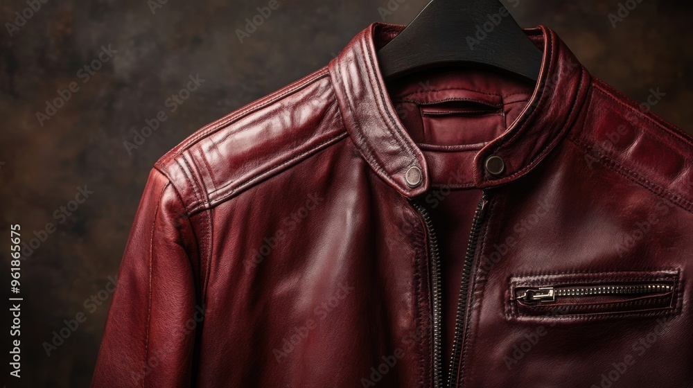 Naklejka premium Striking burgundy leather jacket with zipper details for modern urban fashion long title Striking burgundy leather jacket with zipper